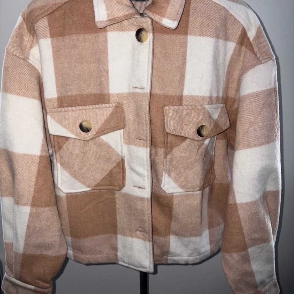Hippie Rose Tan and White Plaid Utility Jacket